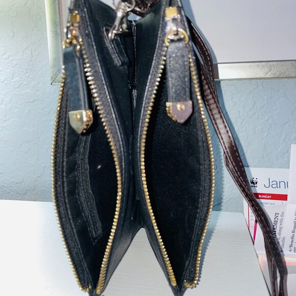 Black Saffiano Leather Dual Zip Wallet - Flat Open Organizer Clutch - Gold HW - Picture 7 of 7